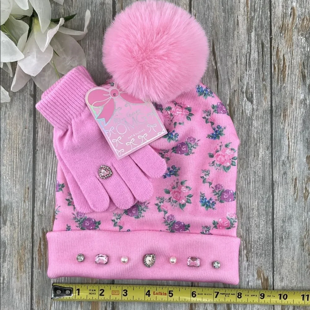 Pink Floral Rhinestone Jewel Hat and Gloves Set
